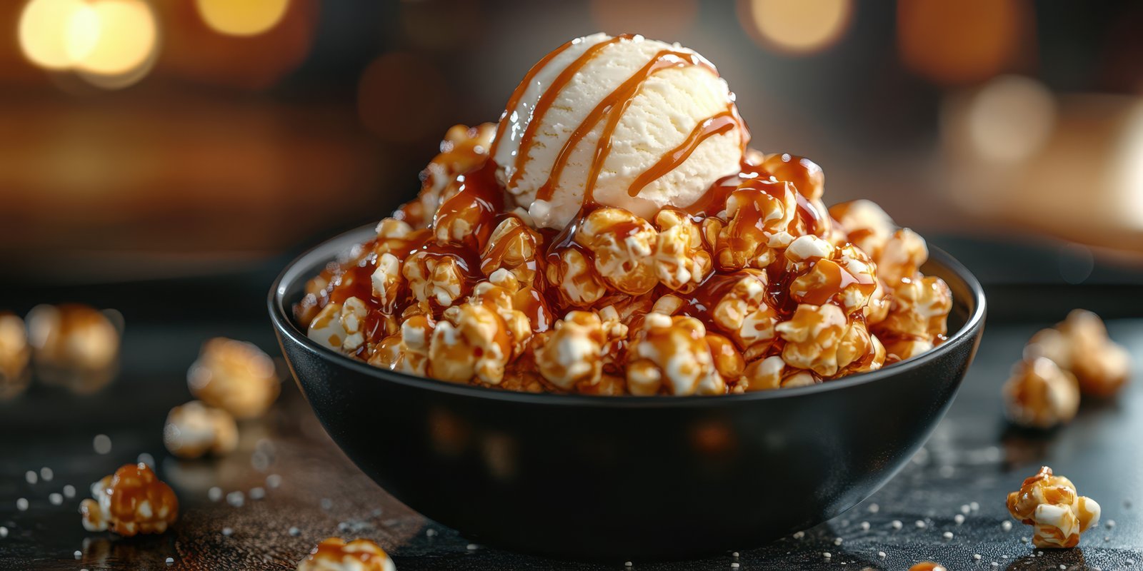 Delicious caramel popcorn topped with creamy ice cream served in a black bowl during a cozy evening